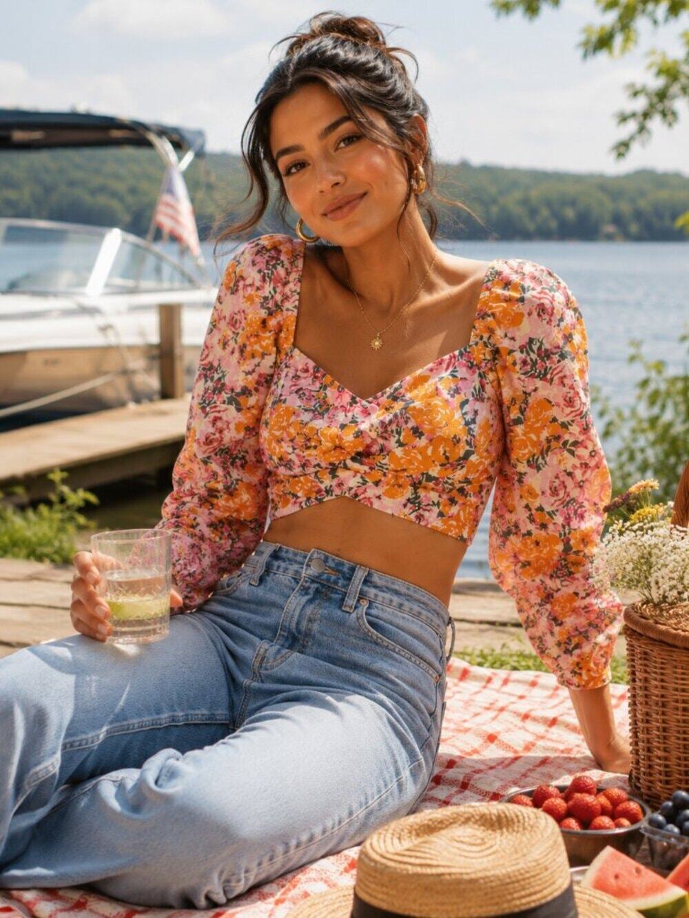 Floral Linen Cotton Blend Crop Top w/ Twist Front & Puff Sleeves SOMETHING NAVY